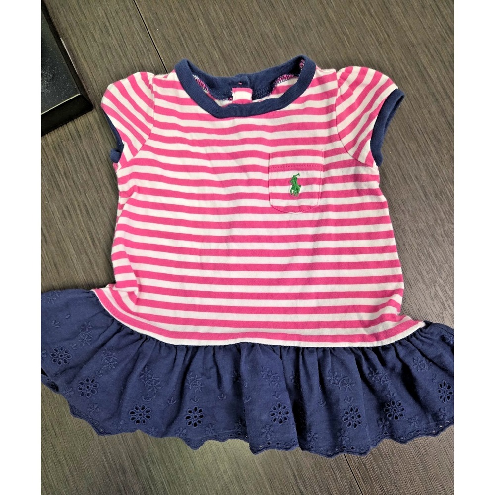 Ralph Lauren Baby Girl 3 months Pink Striped Dress Blue Eyelet Peplum Hem Logo